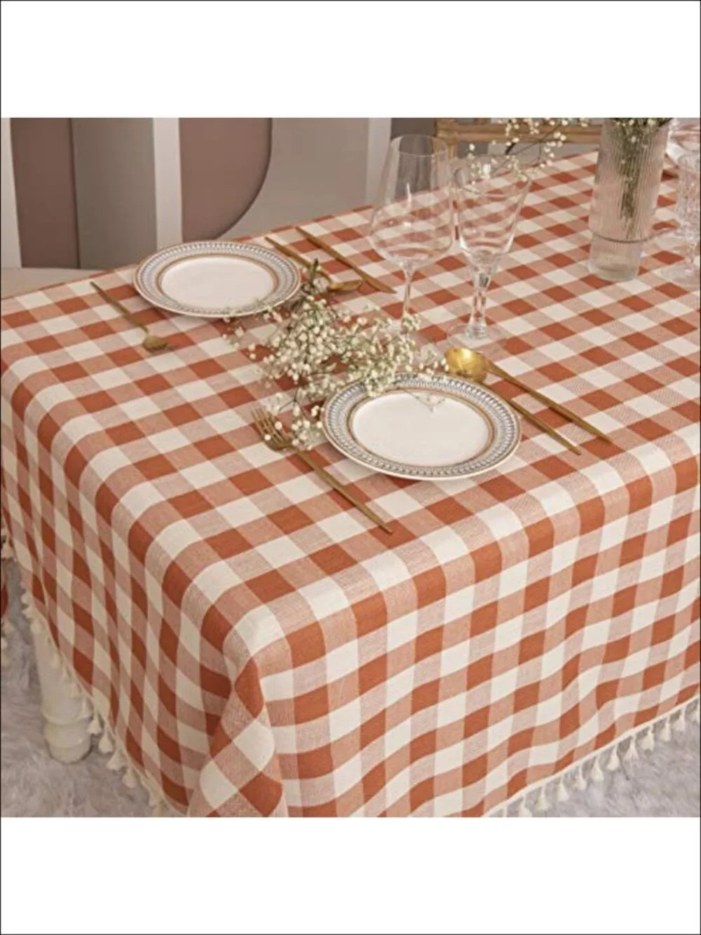 Cotton Buffalo Check Tablecloth 55x70 Tassel Farmhouse Dining